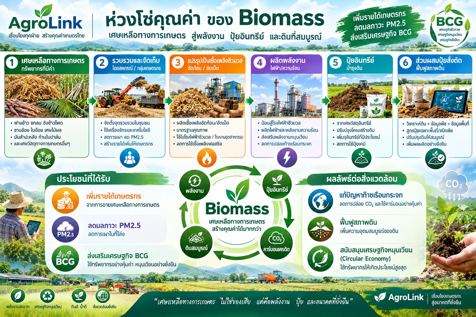 อินโฟกราฟิก ห่วงโซ่คุณค่าของ Biomass โดย AgroLink แสดง 6 ขั้นตอน ตั้งแต่ (1) เศษเหลือทางการเกษตร เช่น ฟางข้าว แกลบ ซังข้าวโพด ชานอ้อย (2) รวบรวมและจัดเก็บโดยสหกรณ์/กลุ่มเกษตรกร (3) แปรรูปเป็นเชื้อเพลิงชีวมวลอัดก้อน/อัดเม็ด (4) ผลิตพลังงานไฟฟ้า/ความร้อน (5) ปุ๋ยอินทรีย์บำรุงดิน (6) ส่วนผสมปุ๋ยสั่งตัดฟื้นฟูสภาพดินด้วย AI พร้อมประโยชน์ที่ได้รับ (เพิ่มรายได้เกษตรกร ลดมลภาวะ PM2.5 ส่งเสริมเศรษฐกิจ BCG) และผลลัพธ์ต่อสิ่งแวดล้อม (ลดก๊าซเรือนกระจก ฟื้นฟูสภาพดิน สนับสนุนเศรษฐกิจหมุนเวียน)