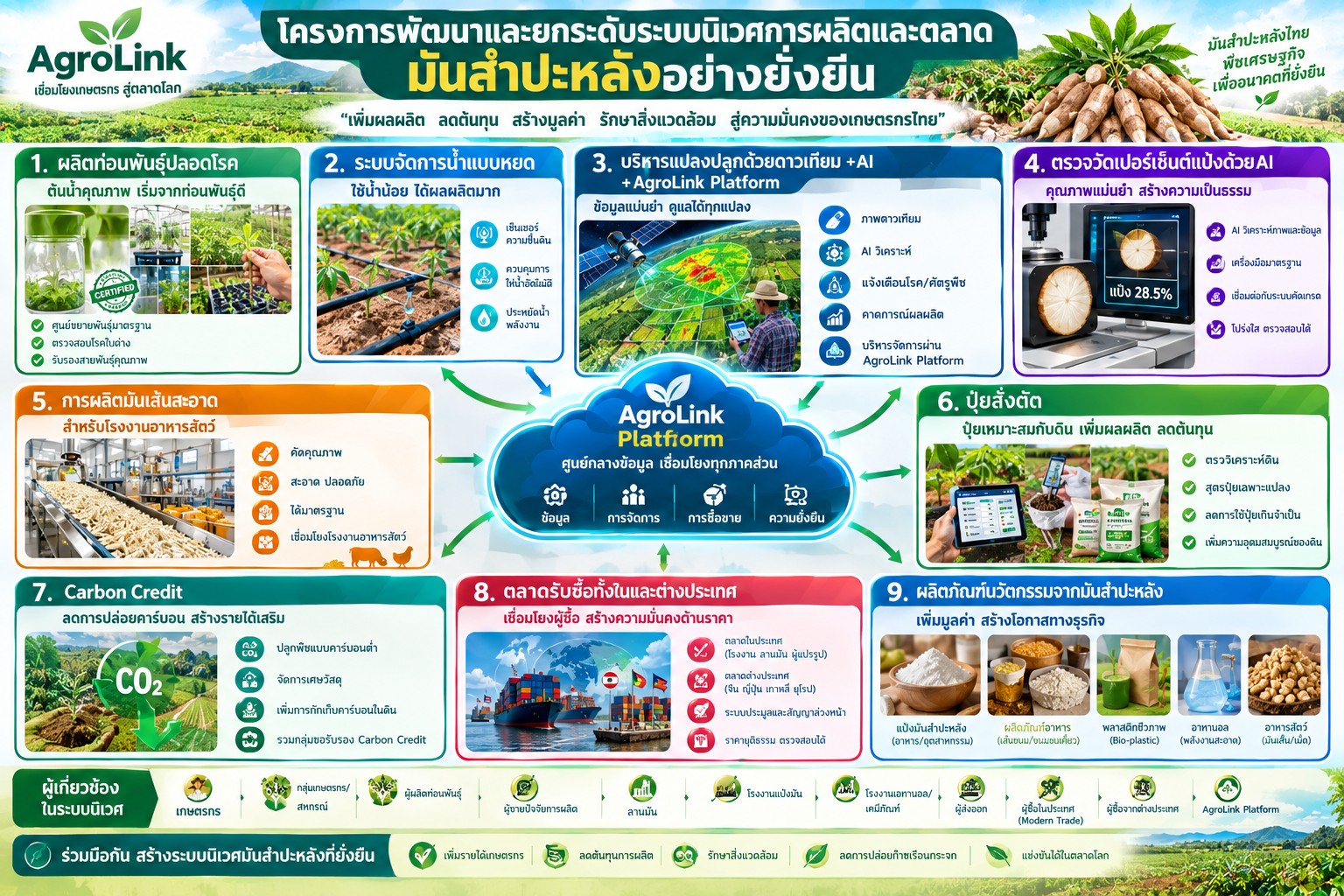 อินโฟกราฟิกโครงการพัฒนาและยกระดับระบบนิเวศการผลิตและตลาดมันสำปะหลังอย่างยั่งยืน แสดง 9 ระบบงานหลักที่เชื่อมโยงกันผ่าน AgroLink Platform