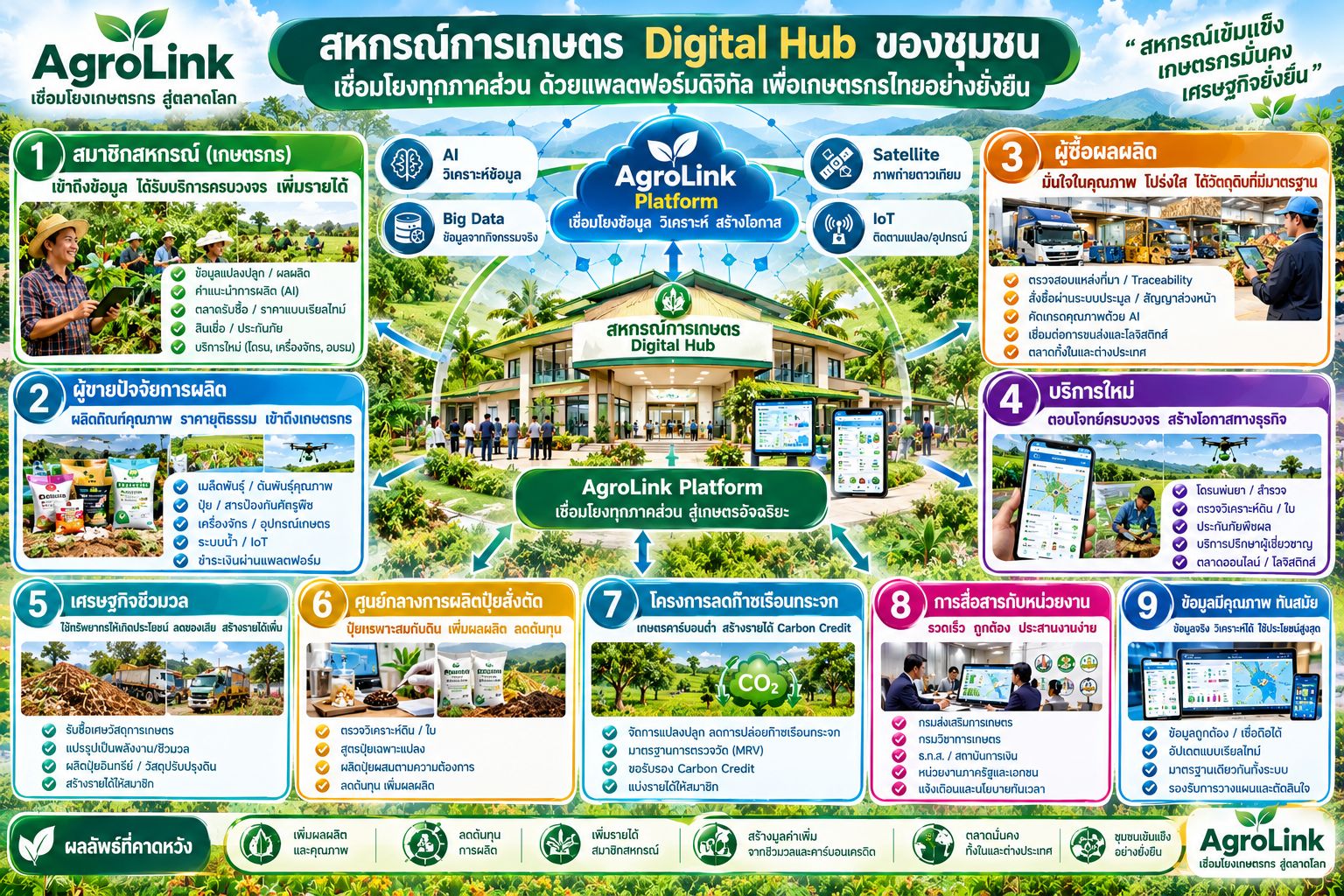 อินโฟกราฟิกสหกรณ์การเกษตร Digital Hub ของชุมชน แสดง AgroLink Platform เป็นศูนย์กลางที่เชื่อมโยง 9 องค์ประกอบ ได้แก่ สมาชิกสหกรณ์/เกษตรกร ผู้ขายปัจจัยการผลิต ผู้ซื้อผลผลิต บริการใหม่ เศรษฐกิจชีวมวล ศูนย์กลางการผลิตปุ๋ยสั่งตัด โครงการลดก๊าซเรือนกระจก การสื่อสารกับหน่วยงานราชการ และข้อมูลที่มีคุณภาพทันสมัย ผ่านเทคโนโลยี AI, Big Data, Satellite และ IoT