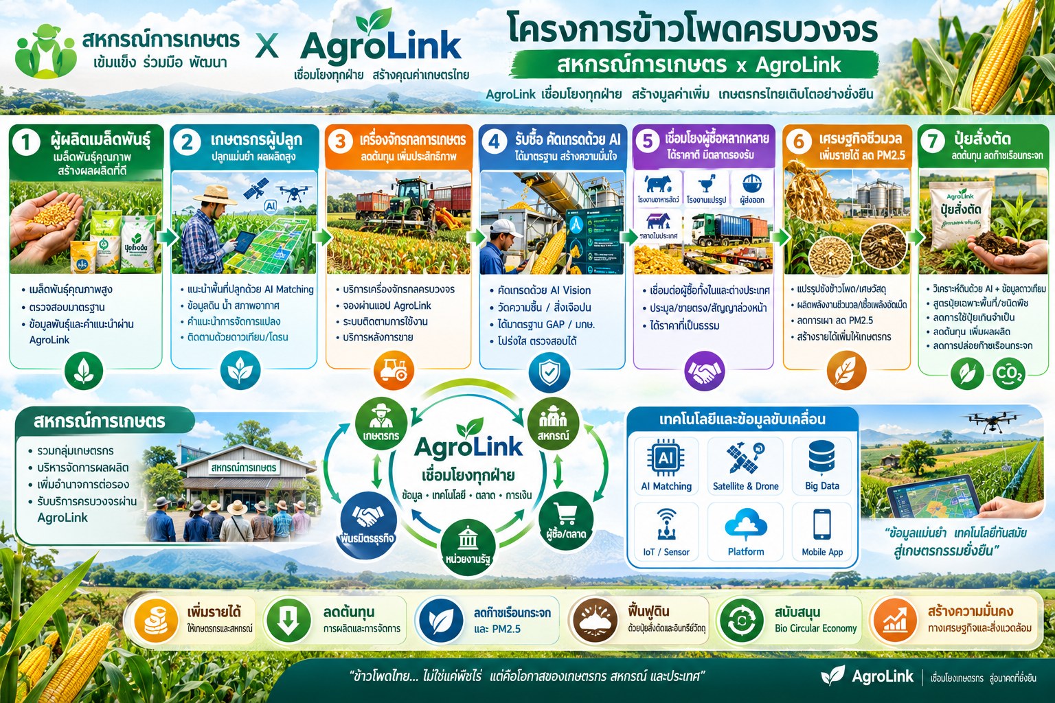 อินโฟกราฟิกโครงการข้าวโพดครบวงจร สหกรณ์การเกษตร x AgroLink แสดง 7 ขั้นตอน: ผู้ผลิตเมล็ดพันธุ์ เกษตรกรผู้ปลูก เครื่องจักรกลการเกษตร รับซื้อคัดเกรดด้วย AI เชื่อมโยงผู้ซื้อหลากหลาย เศรษฐกิจชีวมวล และปุ๋ยสั่งตัด พร้อมบทบาทสหกรณ์การเกษตรและเทคโนโลยีข้อมูลขับเคลื่อนที่เชื่อมโยงเกษตรกร สหกรณ์ ผู้ซื้อ/ตลาด และหน่วยงานรัฐเข้าด้วยกัน