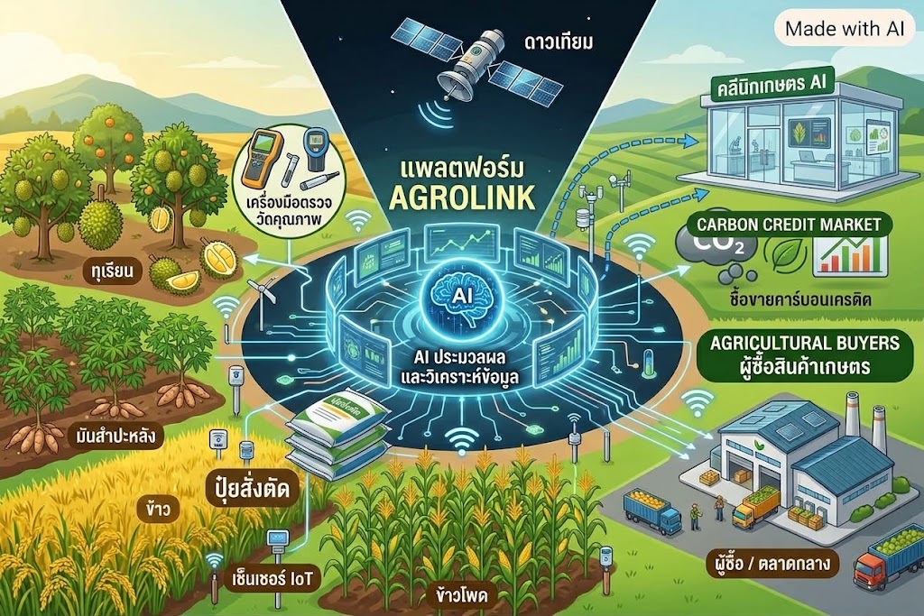อินโฟกราฟิกแพลตฟอร์ม AGROLINK เชื่อมโยงเกษตรกรผู้ปลูกพืช (ทุเรียน มันสำปะหลัง ข้าว ข้าวโพด) ด้วยเซ็นเซอร์ IoT ดาวเทียม และ AI ประมวลผลและวิเคราะห์ข้อมูล สู่คลินิกเกษตร AI ตลาดคาร์บอนเครดิต และผู้ซื้อสินค้าเกษตร