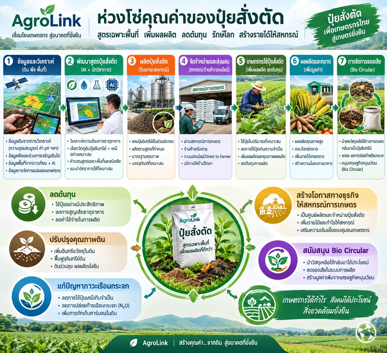 อินโฟกราฟิกห่วงโซ่คุณค่าของปุ๋ยสั่งตัด AgroLink แสดง 7 ขั้นตอน: ข้อมูลและวิเคราะห์ พัฒนาสูตรปุ๋ยสั่งตัด ผลิตปุ๋ยสั่งตัด จัดจำหน่ายและส่งมอบ เกษตรกรใช้ปุ๋ยสั่งตัด ผลผลิตและตลาด และการจัดการของเสีย พร้อมประโยชน์ด้านการลดต้นทุน ปรับปรุงคุณภาพดิน แก้ปัญหาภาวะเรือนกระจก สร้างโอกาสทางธุรกิจให้สหกรณ์การเกษตร และสนับสนุน Bio Circular