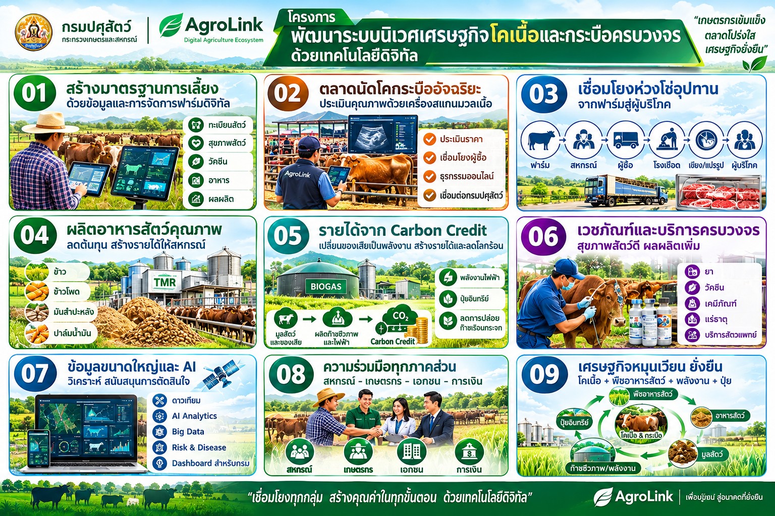 อินโฟกราฟิกโครงการพัฒนาระบบนิเวศเศรษฐกิจโคเนื้อและกระบือครบวงจรด้วยเทคโนโลยีดิจิทัล โดยกรมปศุสัตว์และ AgroLink แสดง 9 ระบบงานหลัก