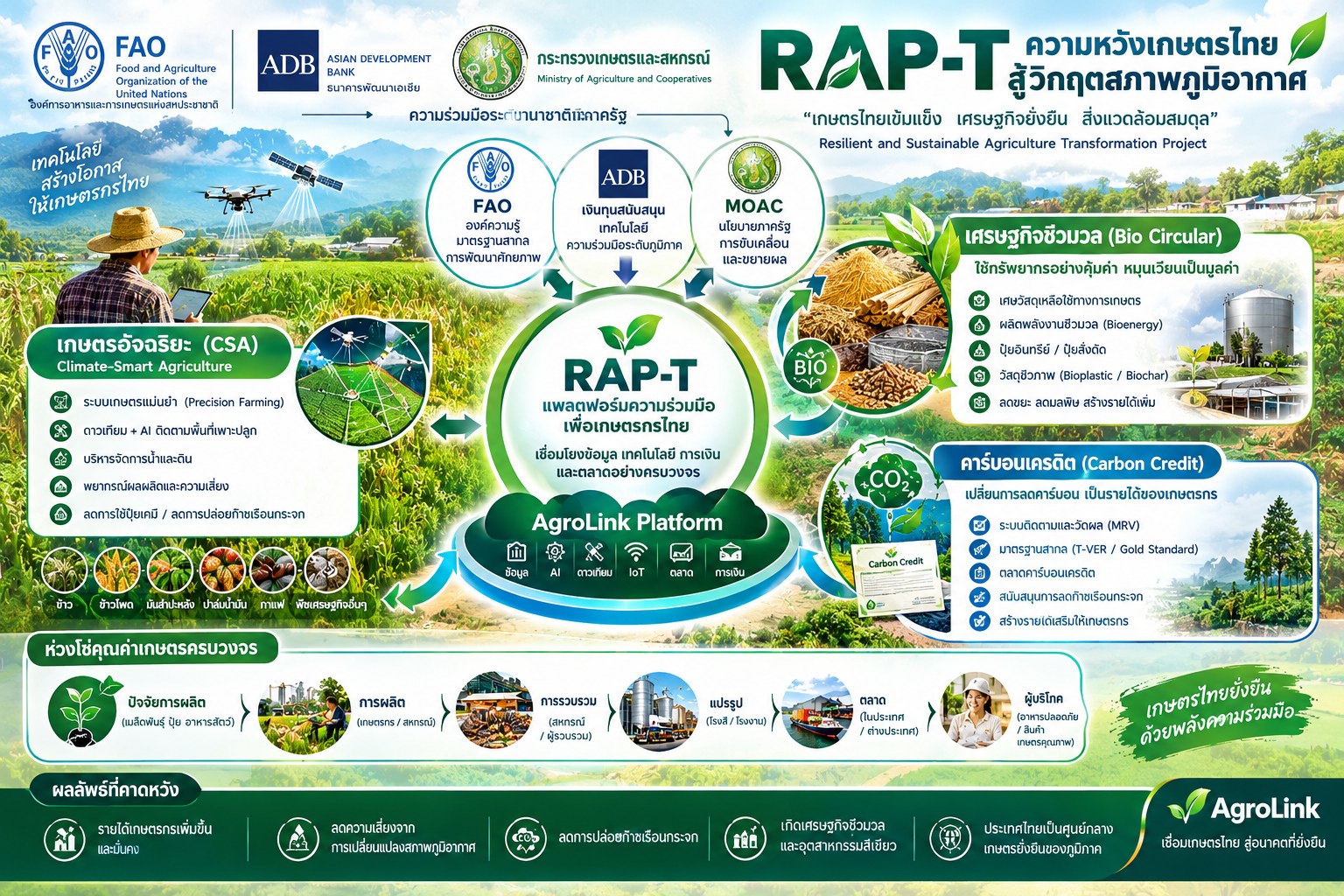 อินโฟกราฟิกภาพรวมโครงการ RAP-T ความหวังเกษตรไทยสู้วิกฤตสภาพภูมิอากาศ แสดงความร่วมมือระหว่างประเทศ (FAO, ADB, กระทรวงเกษตรและสหกรณ์) เกษตรอัจฉริยะ (CSA), เศรษฐกิจชีวมวล (Bio Circular), คาร์บอนเครดิต, AgroLink Platform ที่เชื่อมโยงข้อมูล เทคโนโลยี การเงิน และตลาด ห่วงโซ่คุณค่าเกษตรครบวงจรตั้งแต่ปัจจัยการผลิตถึงผู้บริโภค และผลลัพธ์ที่คาดหวังของโครงการ